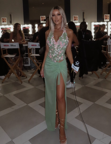 Green Two Piece V Neck Floral Tulle Open Back Prom Dress Evening Dress HZ1023